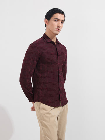 Men's Maroon Slim Fit Textured Party Wear Shirt