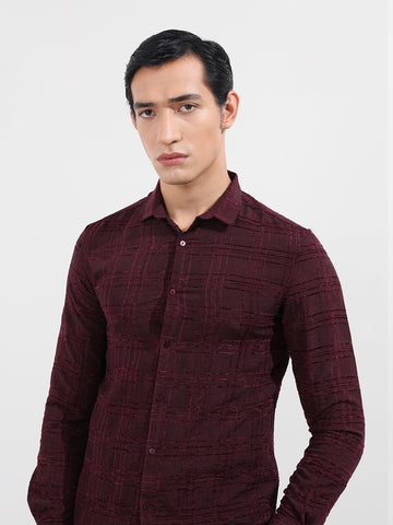 Men's Maroon Slim Fit Textured Party Wear Shirt