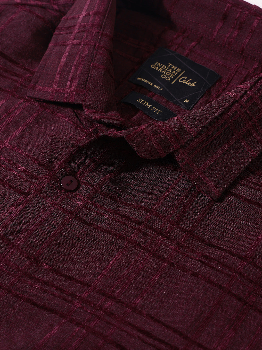 Men's Maroon Slim Fit Textured Party Wear Shirt
