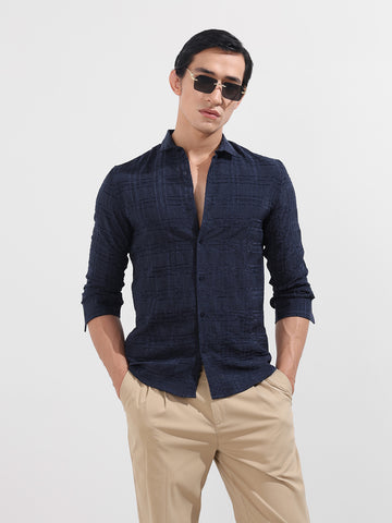 Men's Blue Slim Fit Textured Party Wear Shirt