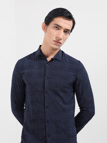 Men's Blue Slim Fit Textured Party Wear Shirt