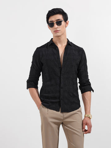Men's Black Slim Fit Textured Party Wear Shirt
