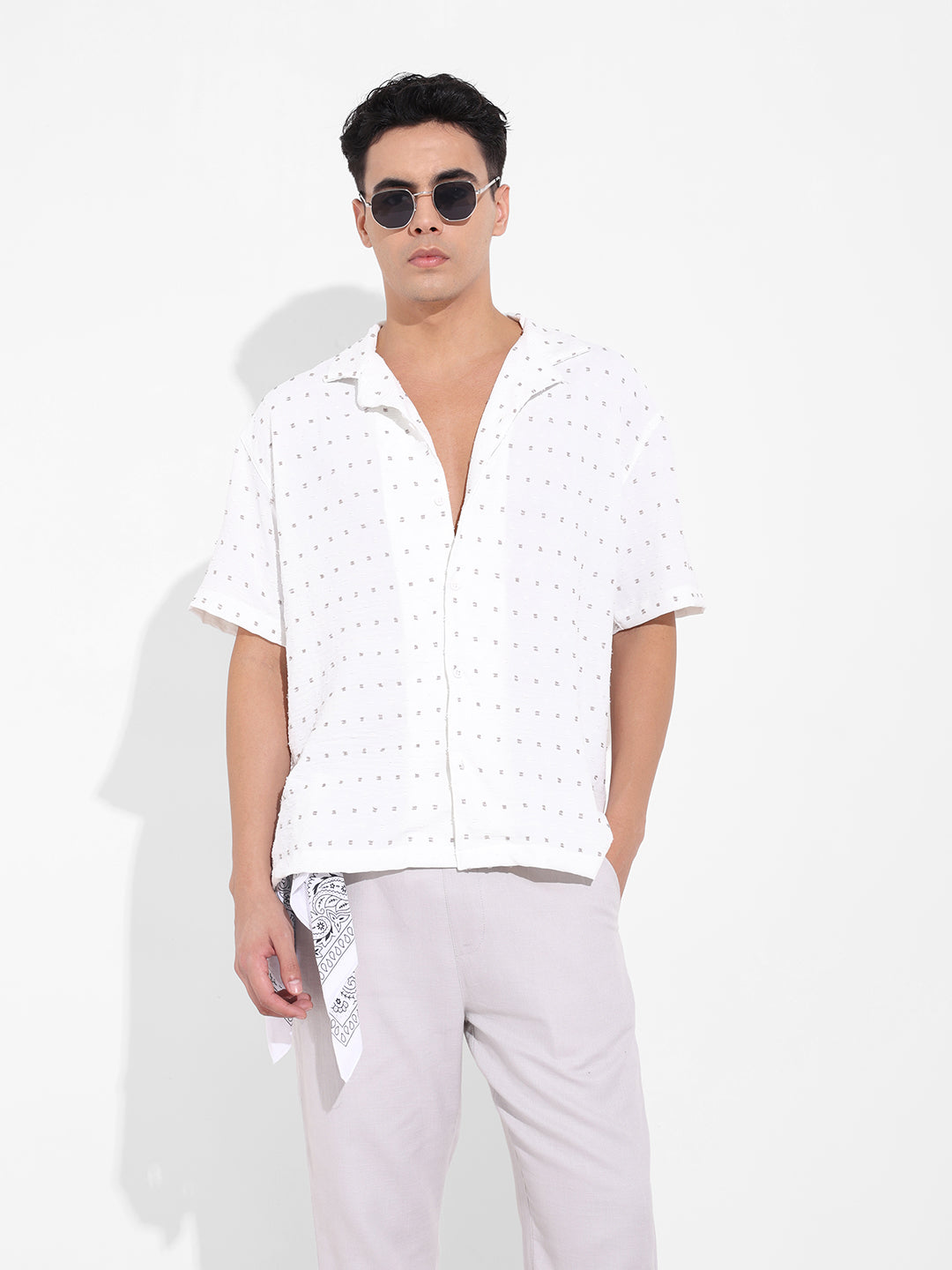 Men's White Relaxed Fit Resort Wear Textured Shirt