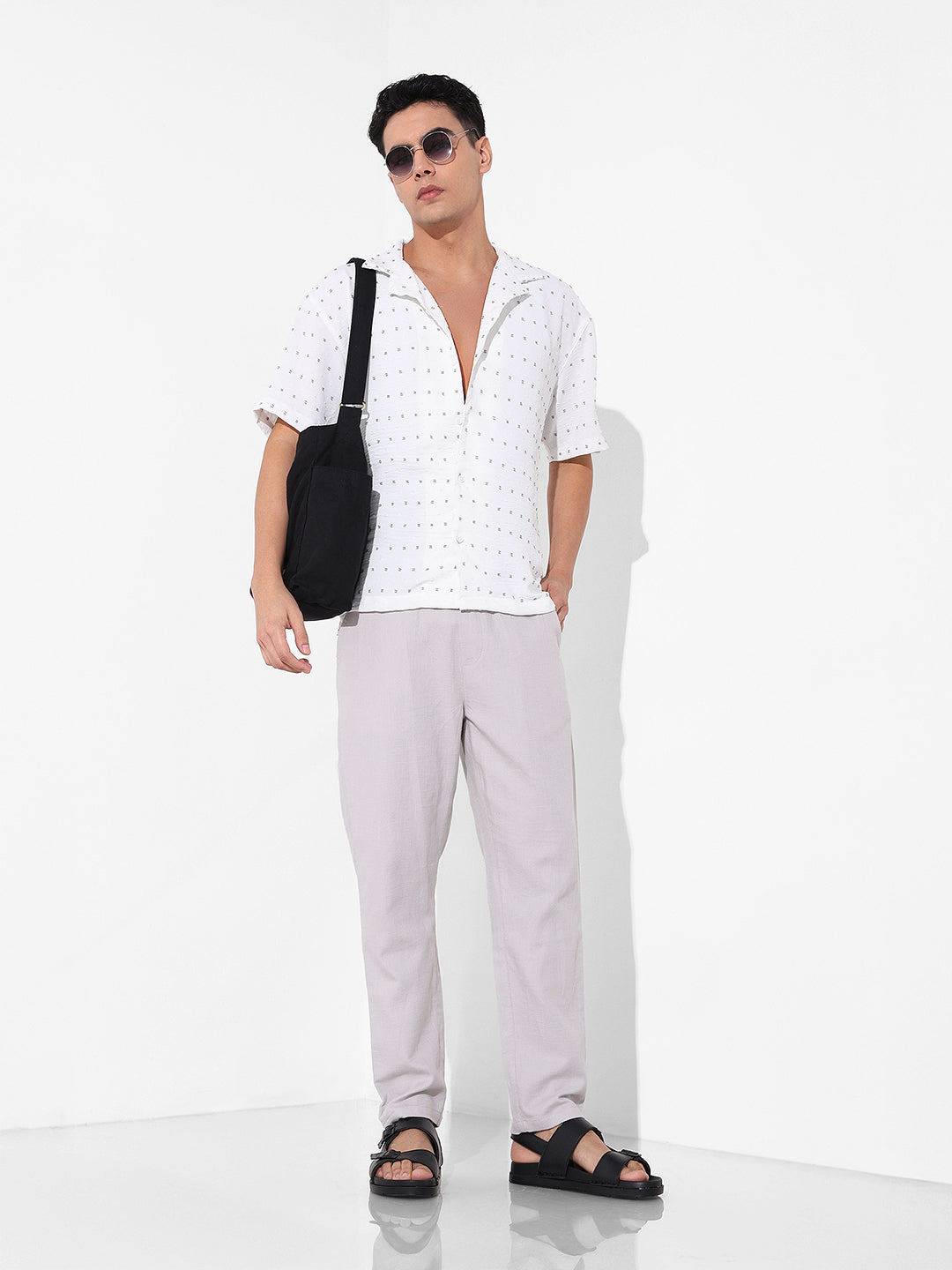 Men's White Relaxed Fit Resort Wear Textured Shirt