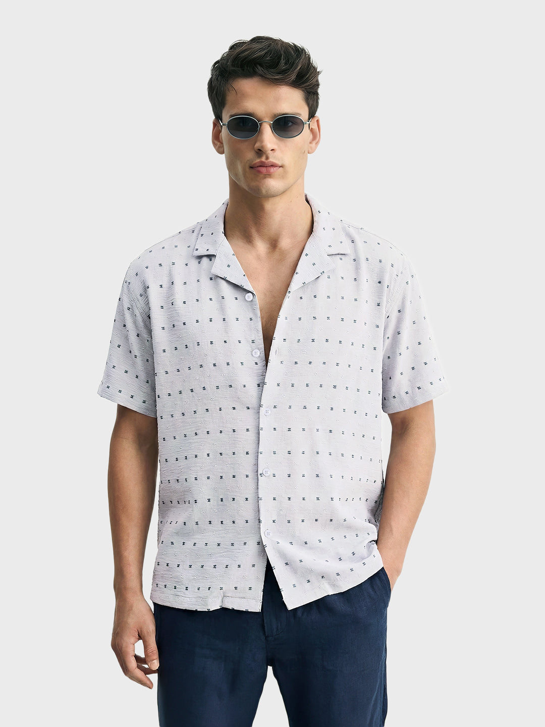 Men's Grey Relaxed Fit Resort Wear Textured Shirt