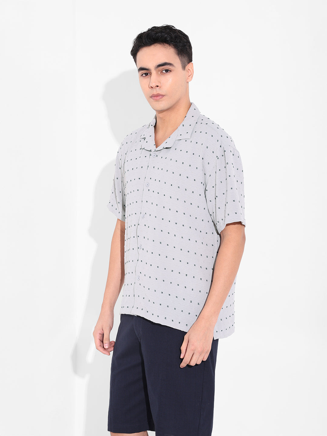 Men's Grey Relaxed Fit Resort Wear Textured Shirt