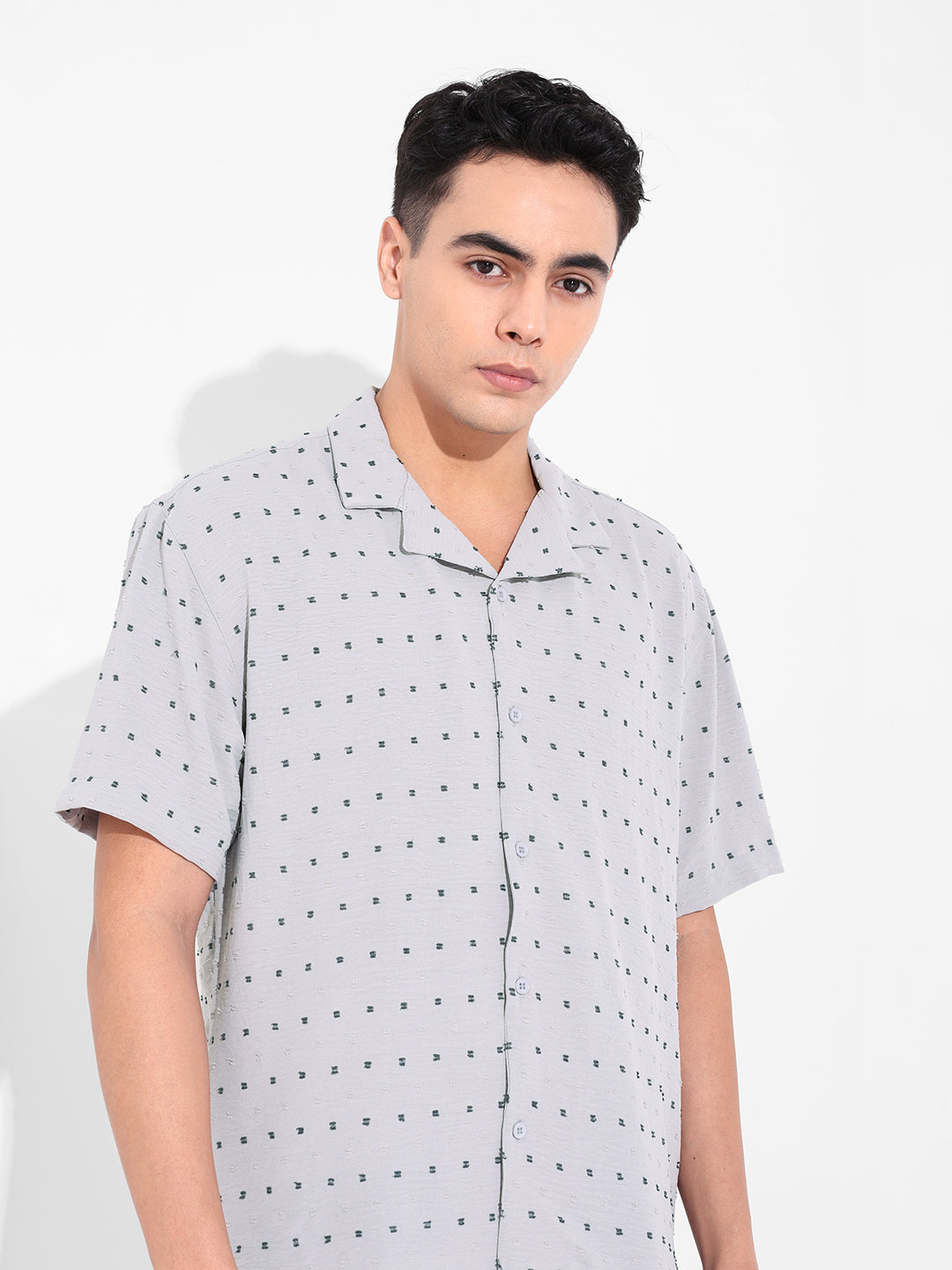 Men's Grey Relaxed Fit Resort Wear Textured Shirt