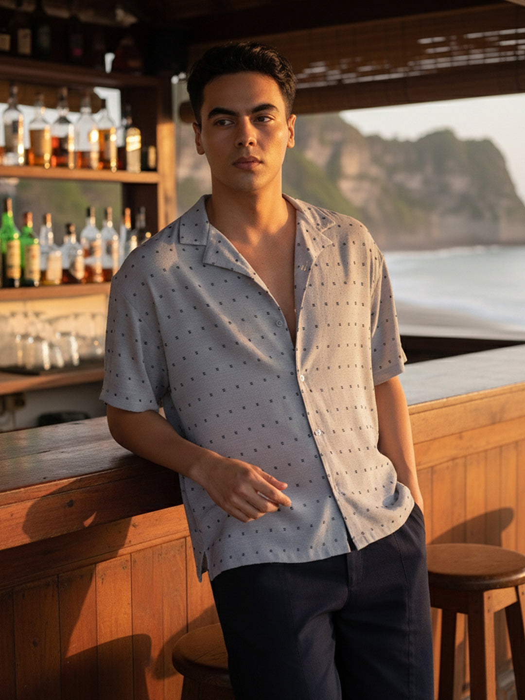 Men's Grey Relaxed Fit Resort Wear Textured Shirt
