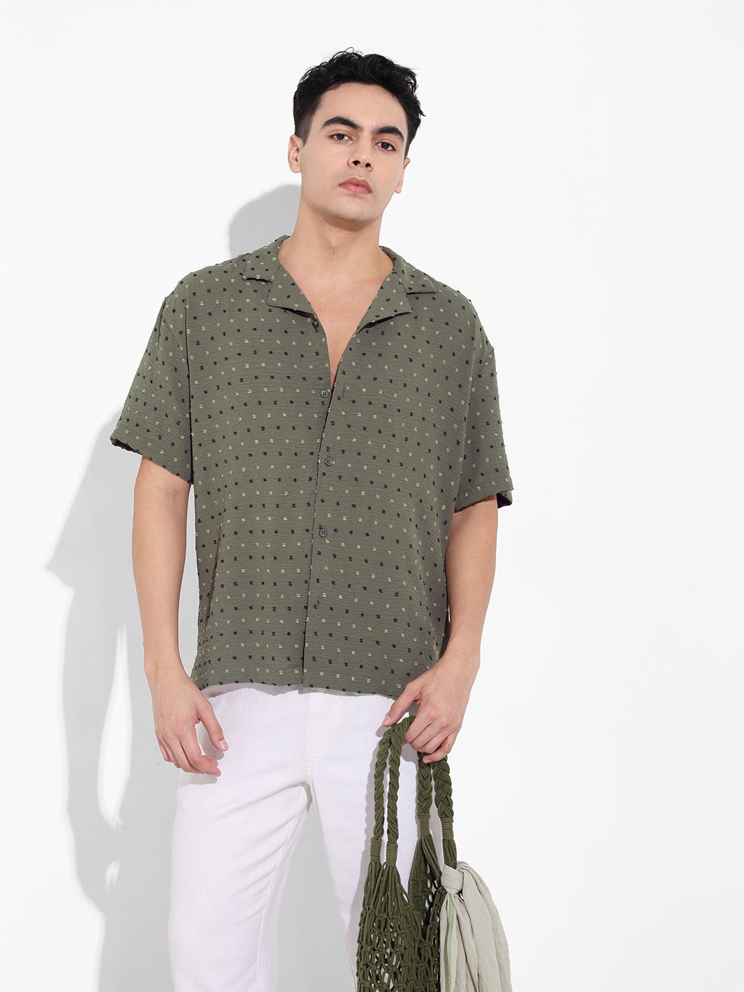 Men's Olive Relaxed Fit Resort Wear Textured Shirt