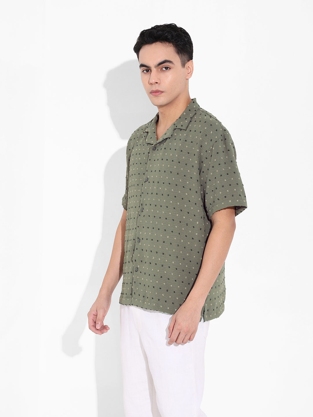 Men's Olive Relaxed Fit Resort Wear Textured Shirt