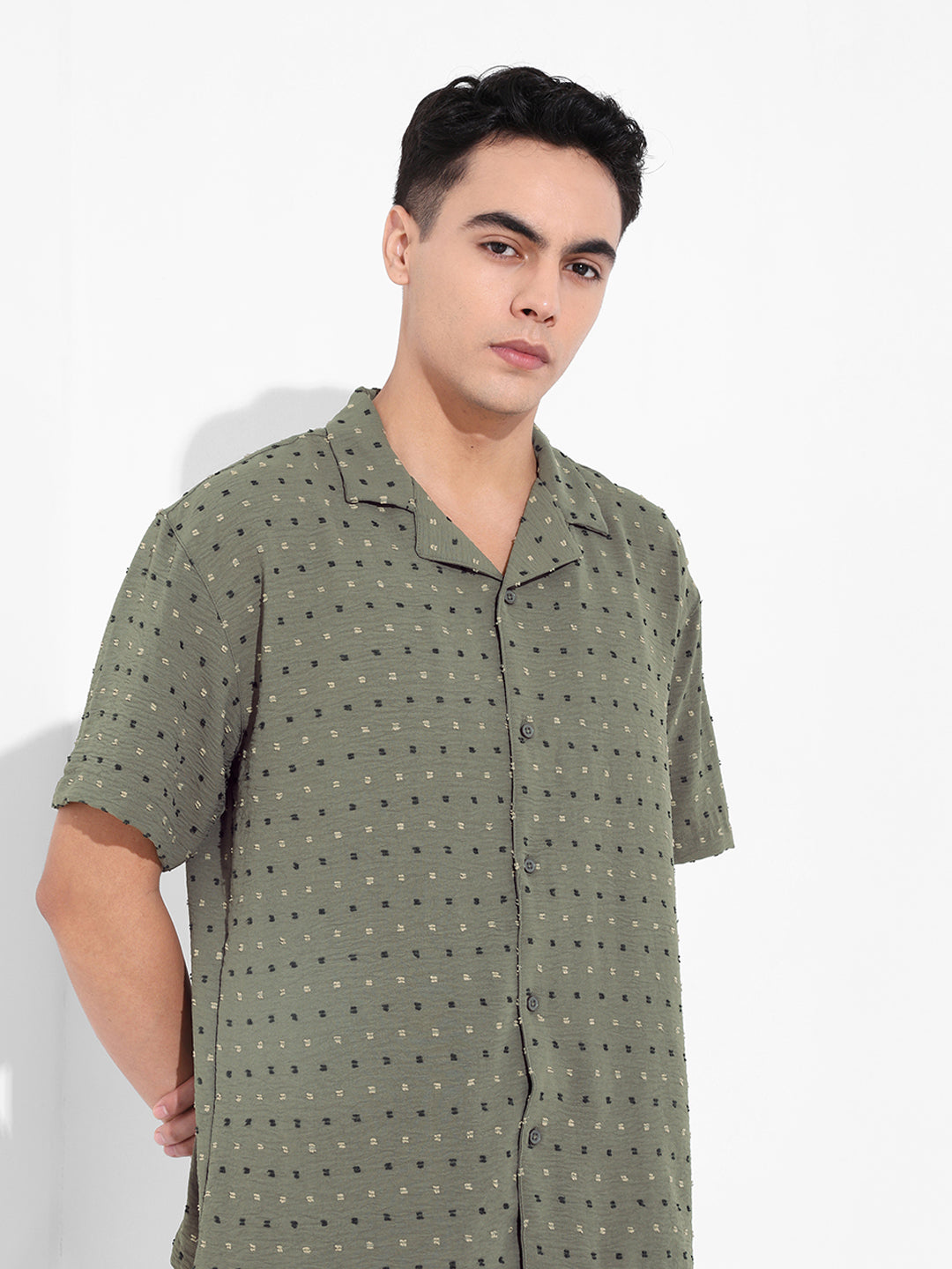 Men's Olive Relaxed Fit Resort Wear Textured Shirt