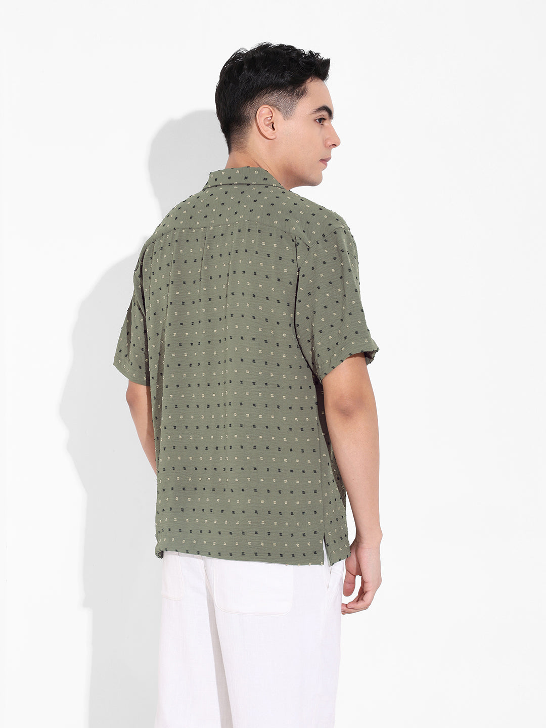 Men's Olive Relaxed Fit Resort Wear Textured Shirt