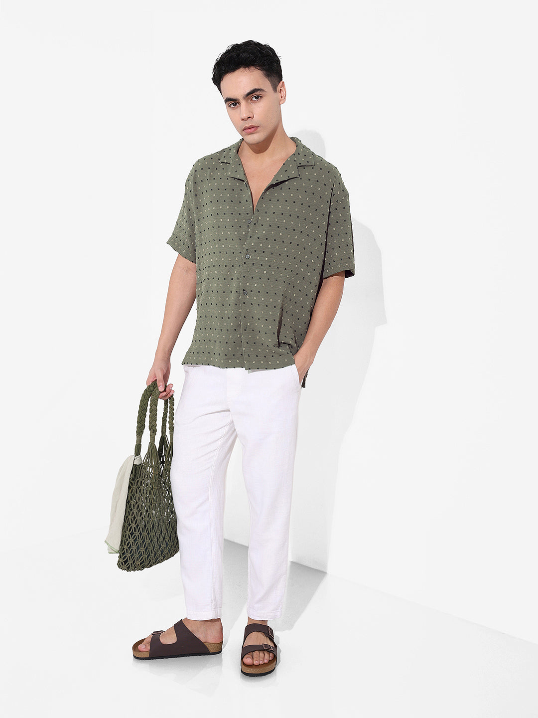 Men's Olive Relaxed Fit Resort Wear Textured Shirt
