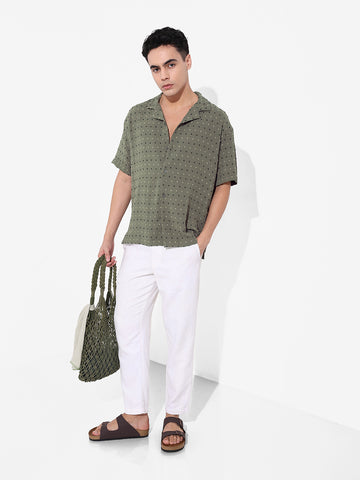 Men's Olive Relaxed Fit Resort Wear Textured Shirt