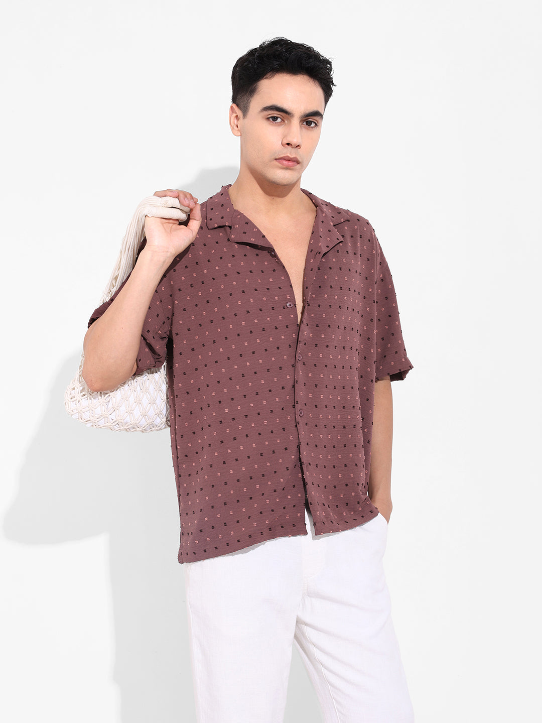 Men's Red Relaxed Fit Resort Wear Textured Shirt
