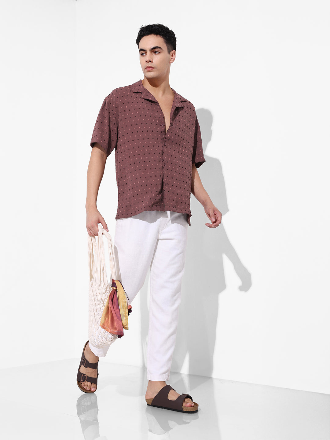 Men's Red Relaxed Fit Resort Wear Textured Shirt