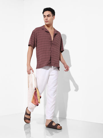 Men's Red Relaxed Fit Resort Wear Textured Shirt