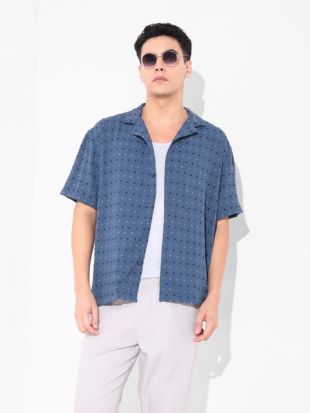 Men's Blue Relaxed Fit Resort Wear Textured Shirt