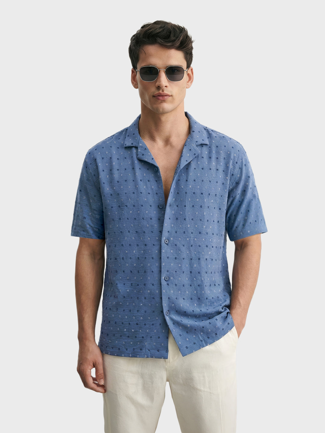 Men's Blue Relaxed Fit Resort Wear Textured Shirt
