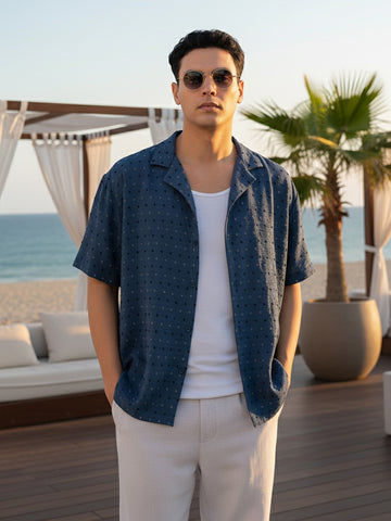 Men's Blue Relaxed Fit Resort Wear Textured Shirt
