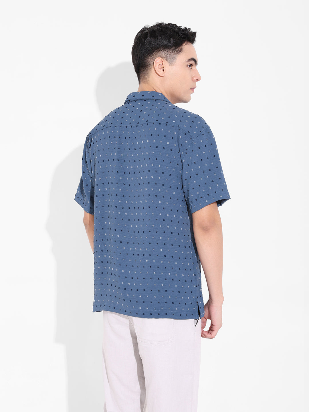 Men's Blue Relaxed Fit Resort Wear Textured Shirt