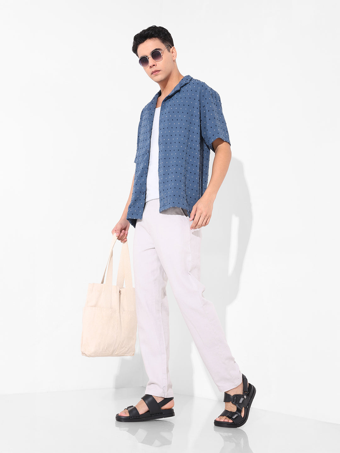 Men's Blue Relaxed Fit Resort Wear Textured Shirt