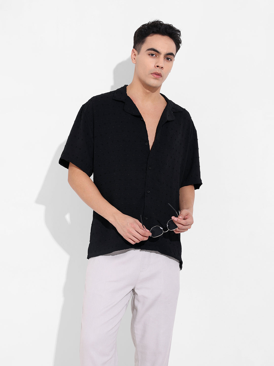 Men's Black Relaxed Fit Resort Wear Textured Shirt