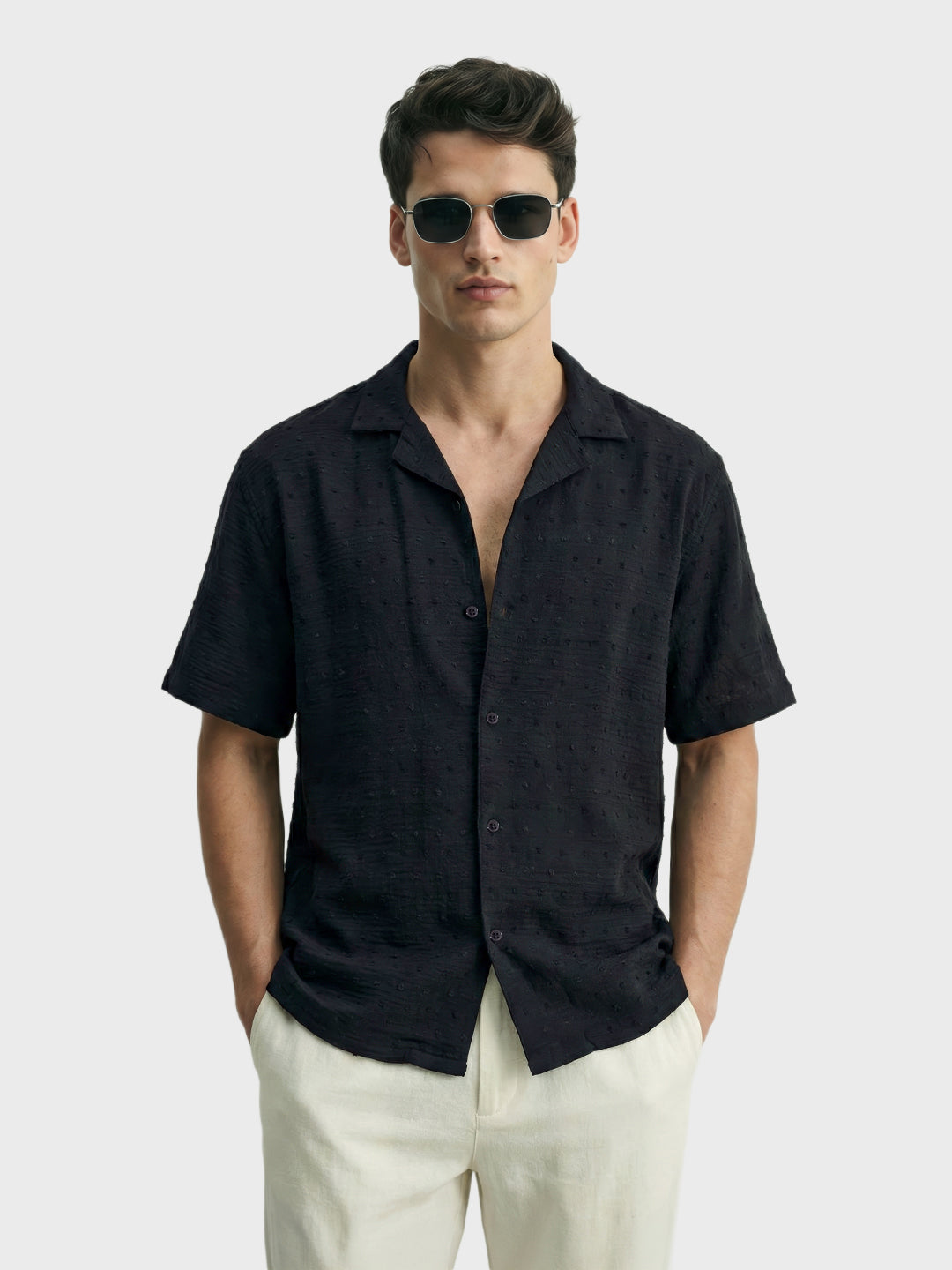Men's Black Relaxed Fit Resort Wear Textured Shirt