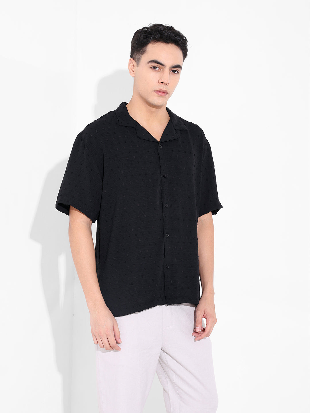 Men's Black Relaxed Fit Resort Wear Textured Shirt