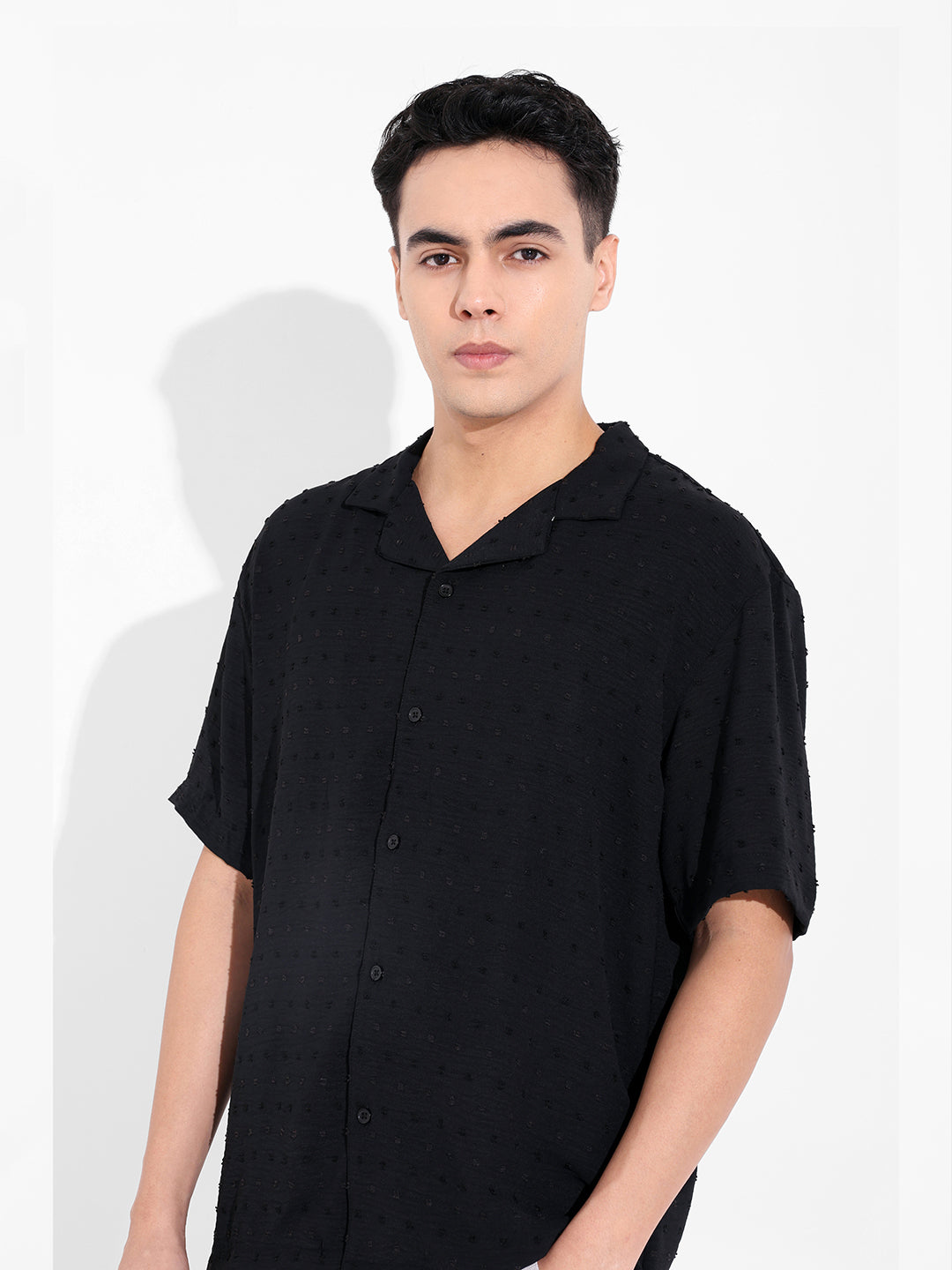 Men's Black Relaxed Fit Resort Wear Textured Shirt