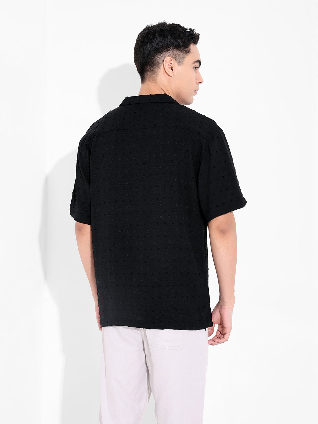Men's Black Relaxed Fit Resort Wear Textured Shirt