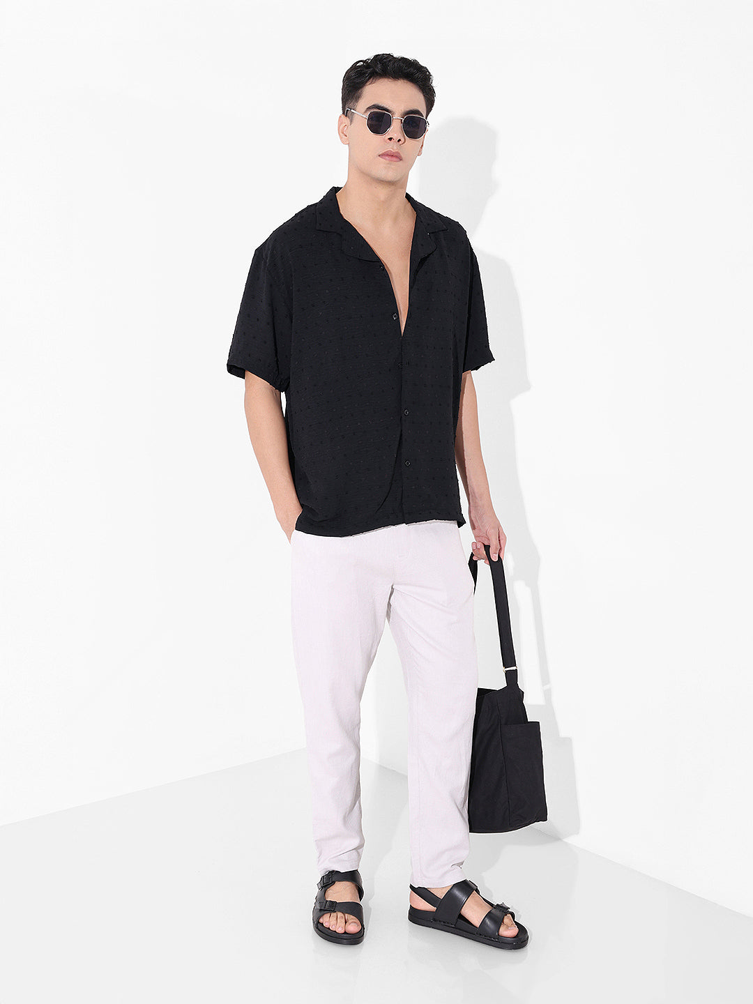 Men's Black Relaxed Fit Resort Wear Textured Shirt