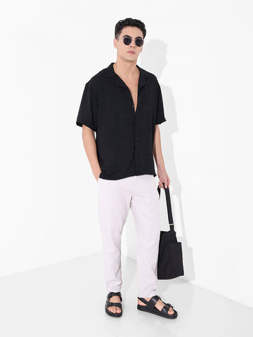 Men's Black Relaxed Fit Resort Wear Textured Shirt