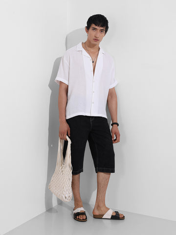 Men's White Relaxed Fit Resort Wear Textured Shirt