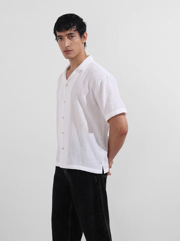 Men's White Relaxed Fit Resort Wear Textured Shirt