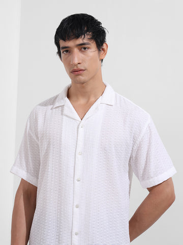 Men's White Relaxed Fit Resort Wear Textured Shirt