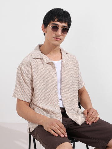 Men's Beige Relaxed Fit Textured Resort Wear Shirt