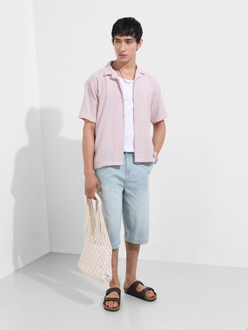 Men's Pink Relaxed Fit Resort Wear Textured Shirt