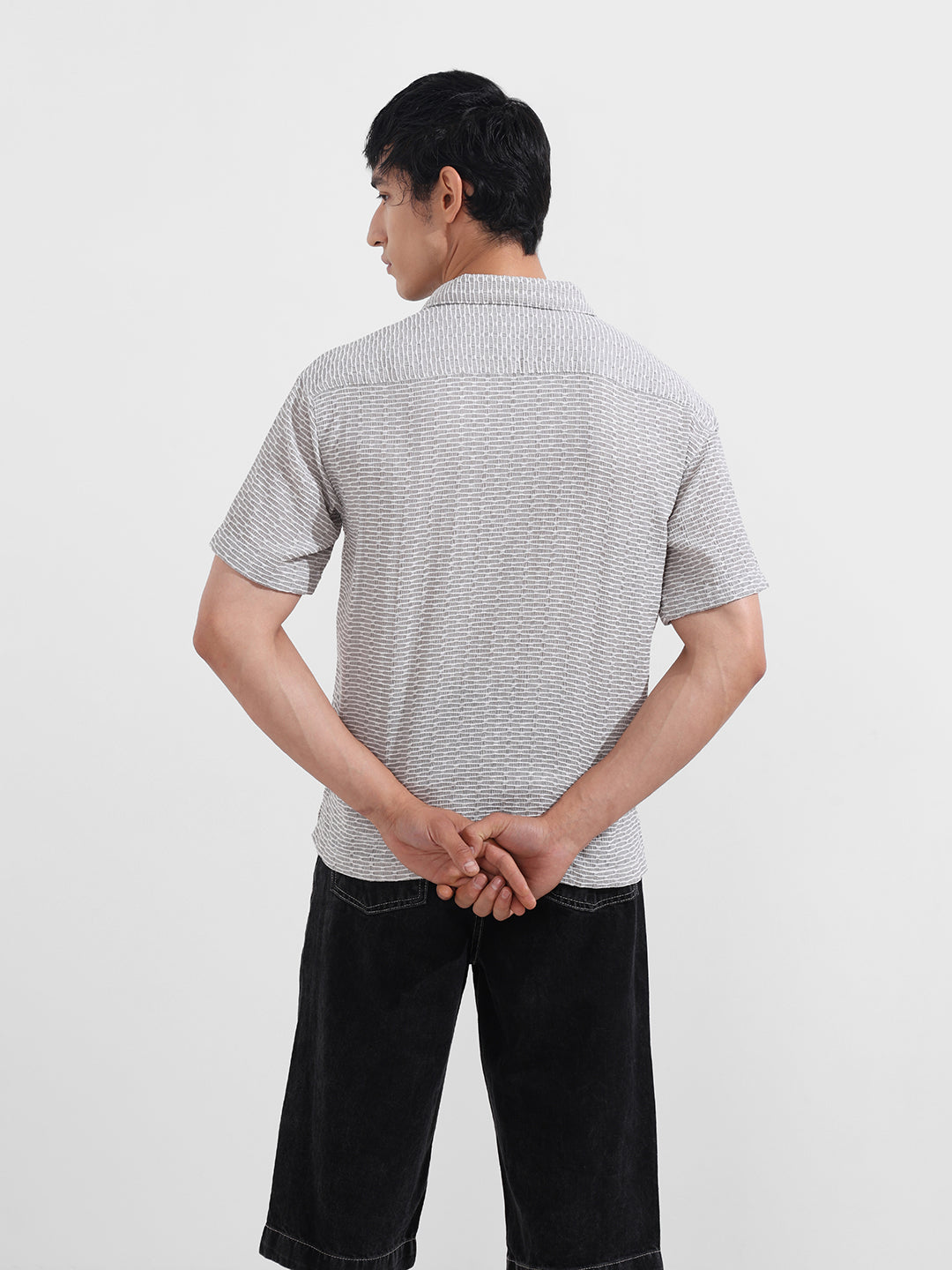 Men's Grey Relaxed Fit Resort Wear Textured Shirt