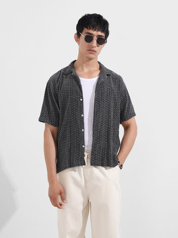 Men's Black Relaxed Fit Resort Wear Textured Shirt