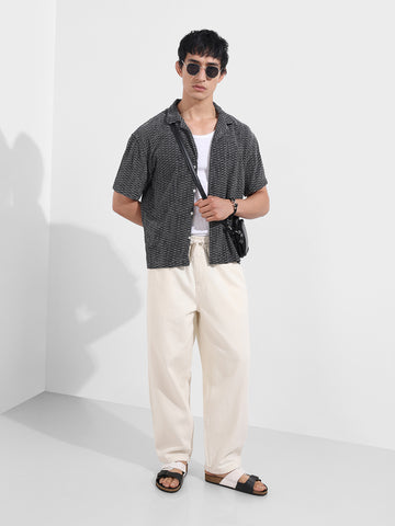 Men's Black Relaxed Fit Resort Wear Textured Shirt