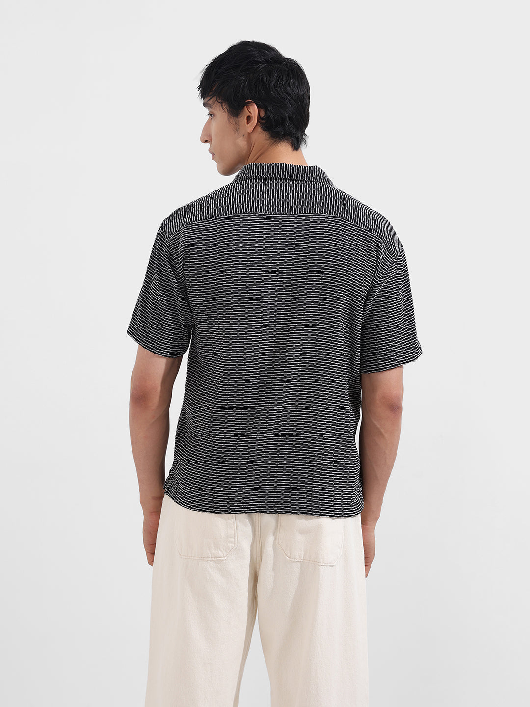 Men's Black Relaxed Fit Resort Wear Textured Shirt