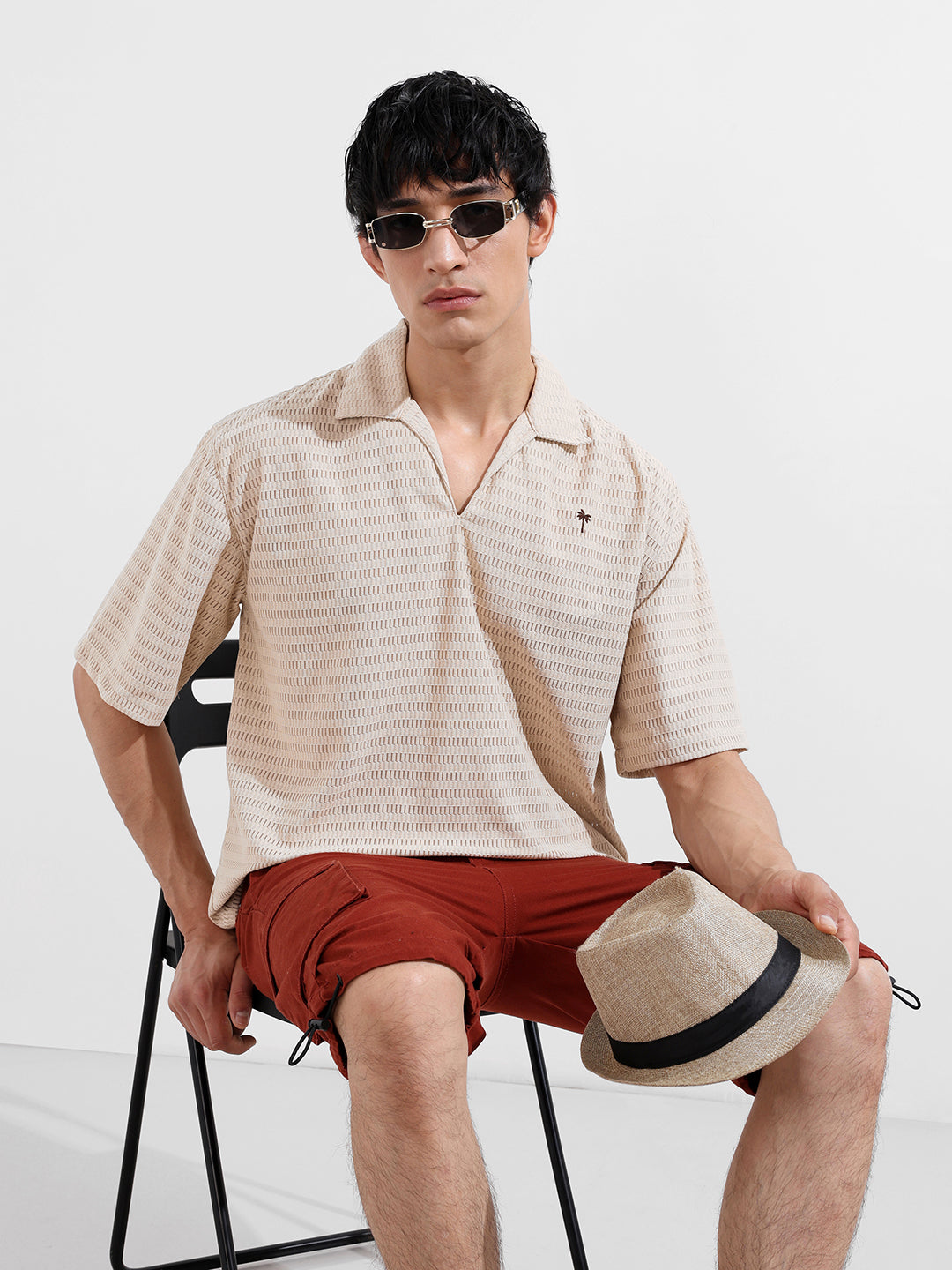 Men's Beige Oversized Fit Resort Wear Textured Shirt