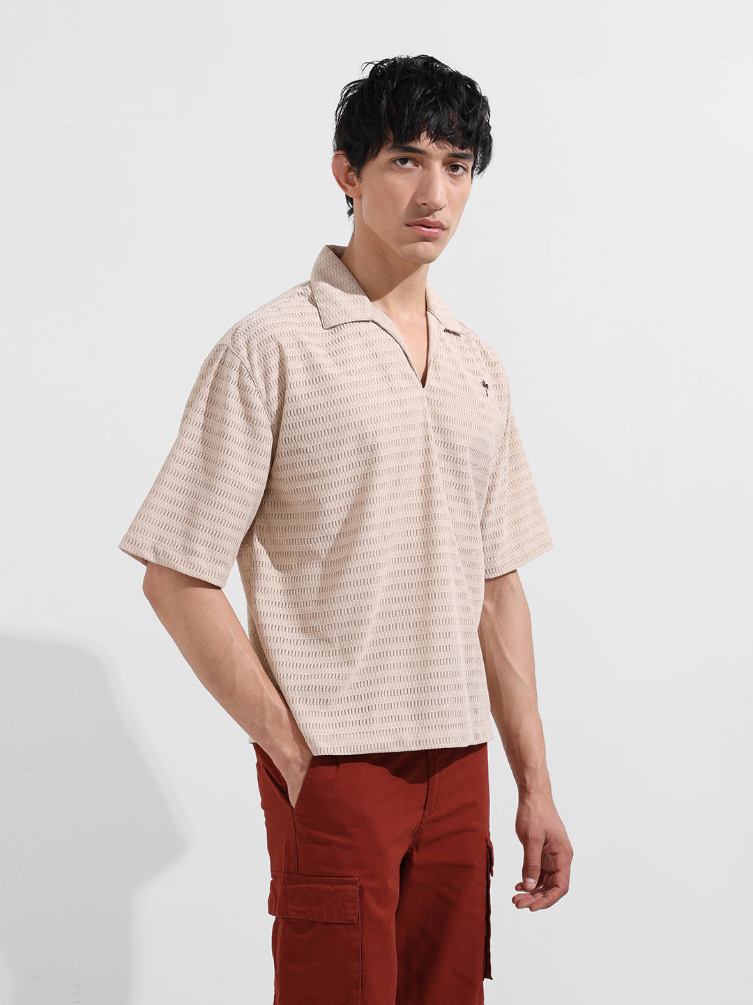 Men's Beige Oversized Fit Resort Wear Textured Shirt