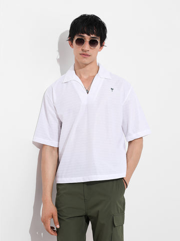 Men's White Oversized Fit Resort Wear Textured Shirt