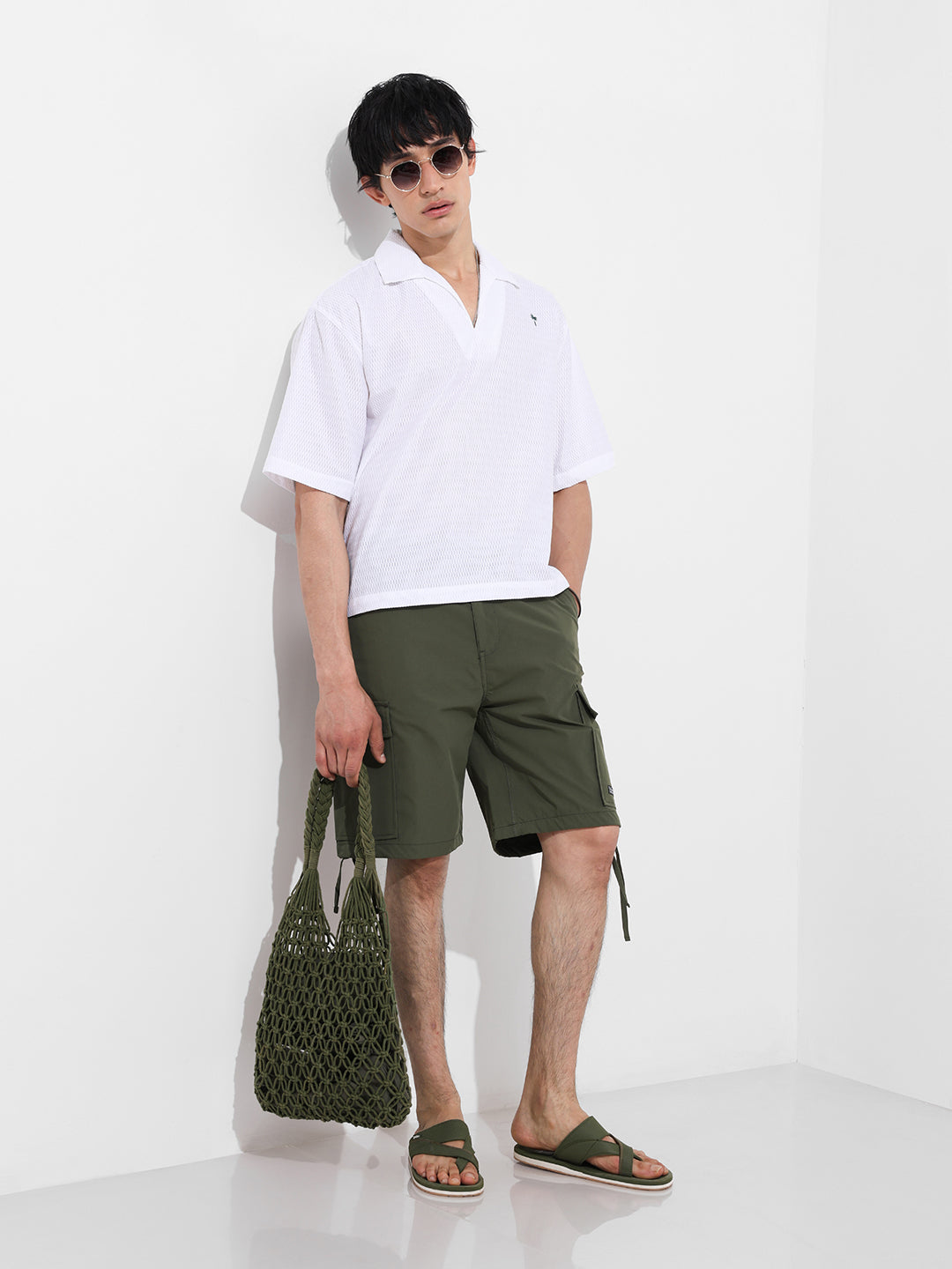 Men's White Oversized Fit Resort Wear Textured Shirt