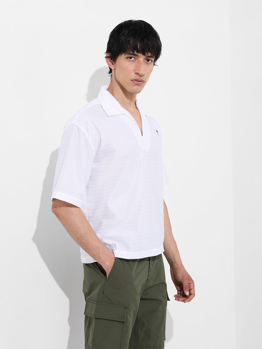 Men's White Oversized Fit Resort Wear Textured Shirt