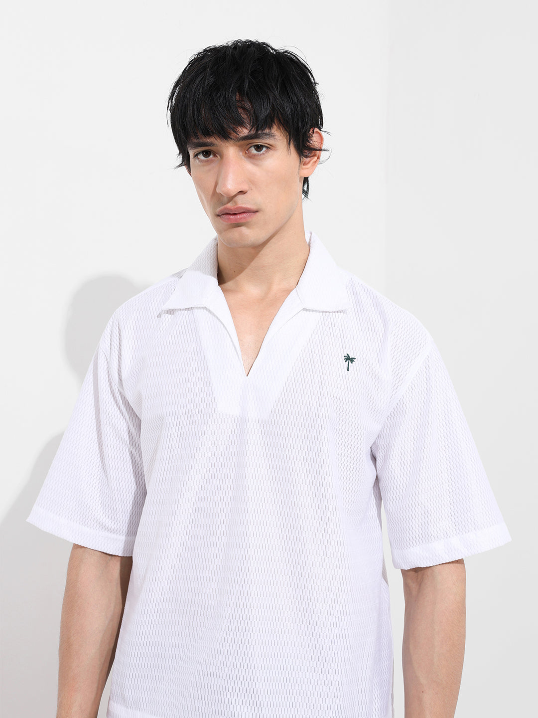 Men's White Oversized Fit Resort Wear Textured Shirt