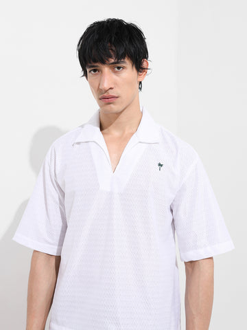 Men's White Oversized Fit Resort Wear Textured Shirt