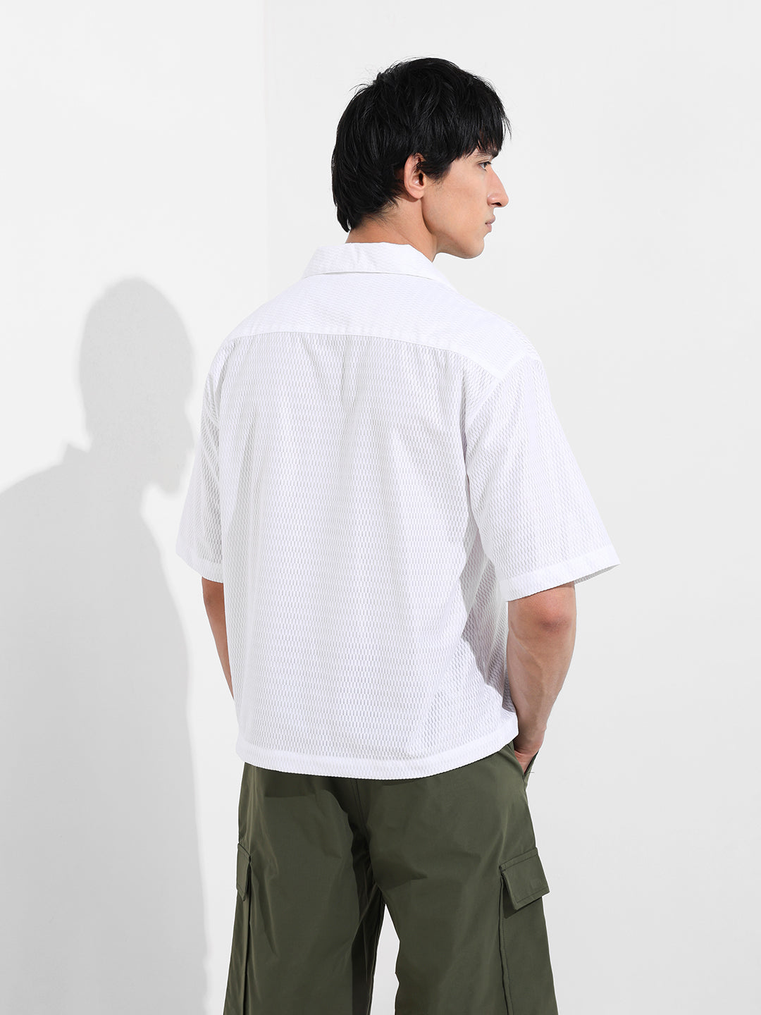 Men's White Oversized Fit Resort Wear Textured Shirt